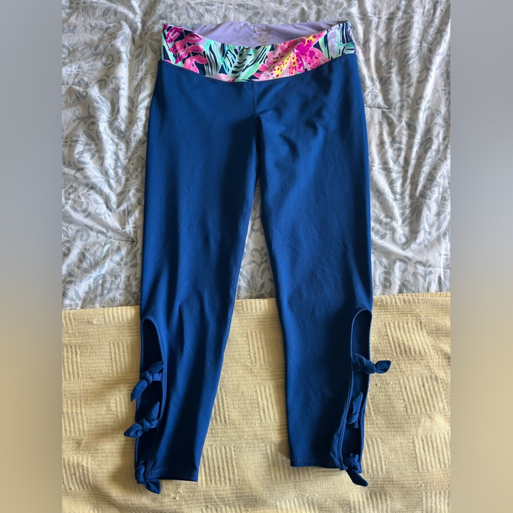 Lilly Pulitzer Luxletic Leggings Size L Navy Side Tie Ankle Athletic Yoga Pants